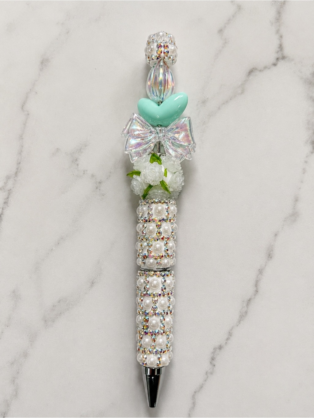 Handmade Iridescent Bow Pearl Beaded Rhinestone Pen